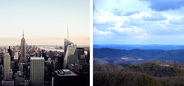 A landscape of New York City is compared to an Appalachian mountain and sky landscape.